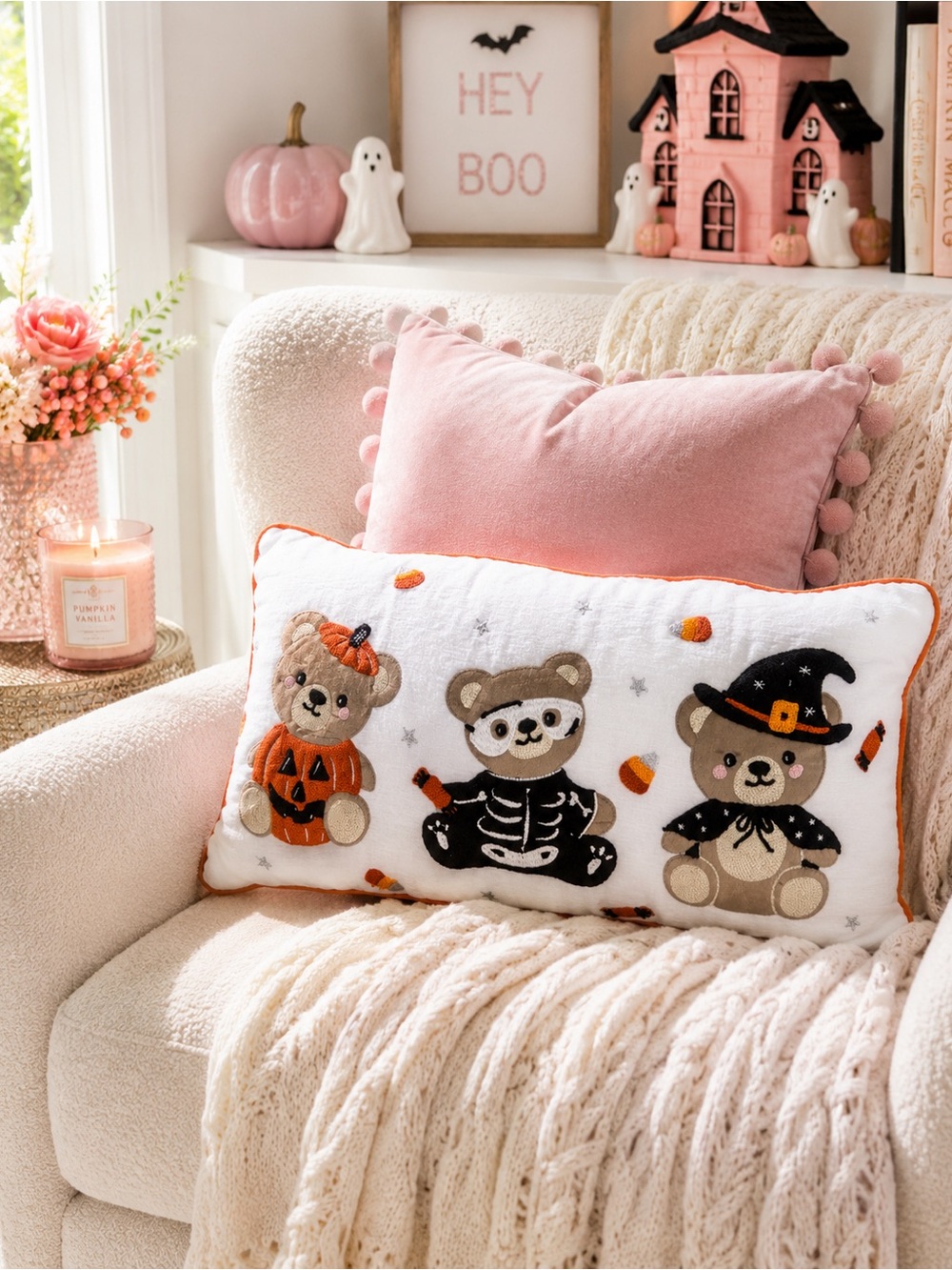 Spooky Chateau Halloween Teddy Bear Lumbar Pillow – Pumpkin Skeleton Witch Bears
